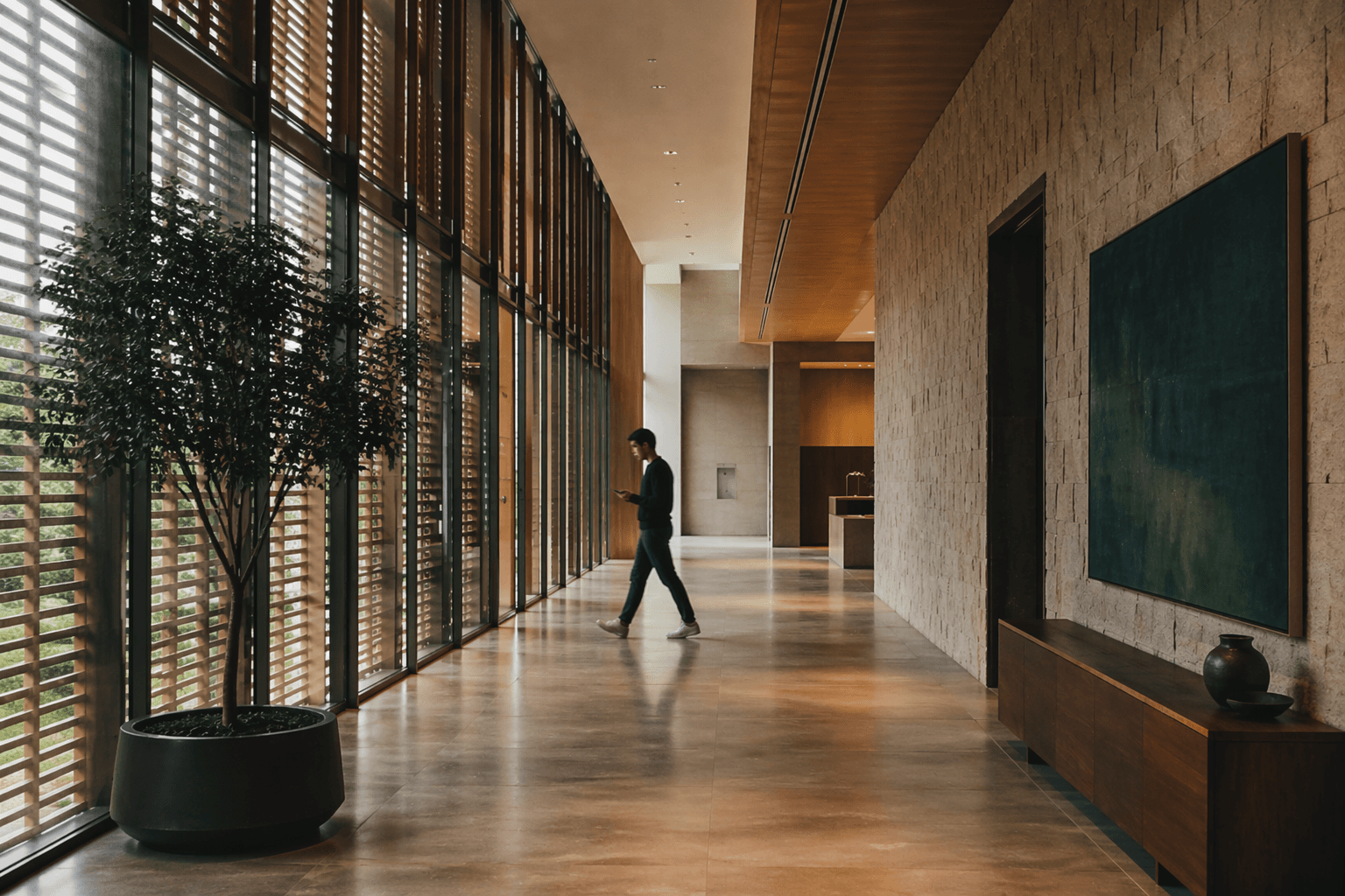 Executive walking a modern architectural corridor with long clean lines and natural light, gravitas without coldness.