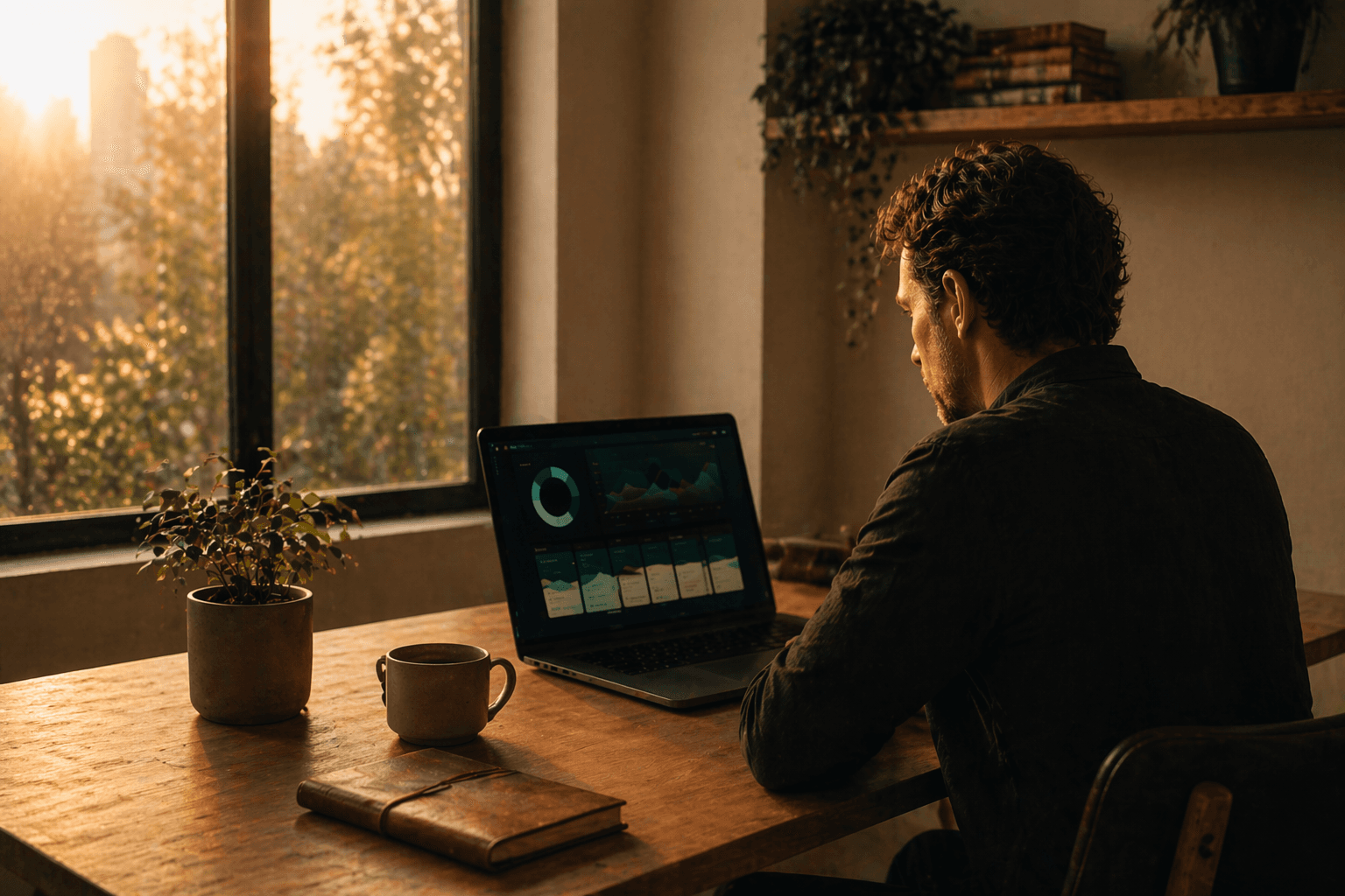 Solo founder at a calm home workspace in warm morning light, laptop open, one cup of coffee, focused on the work only they can do.
